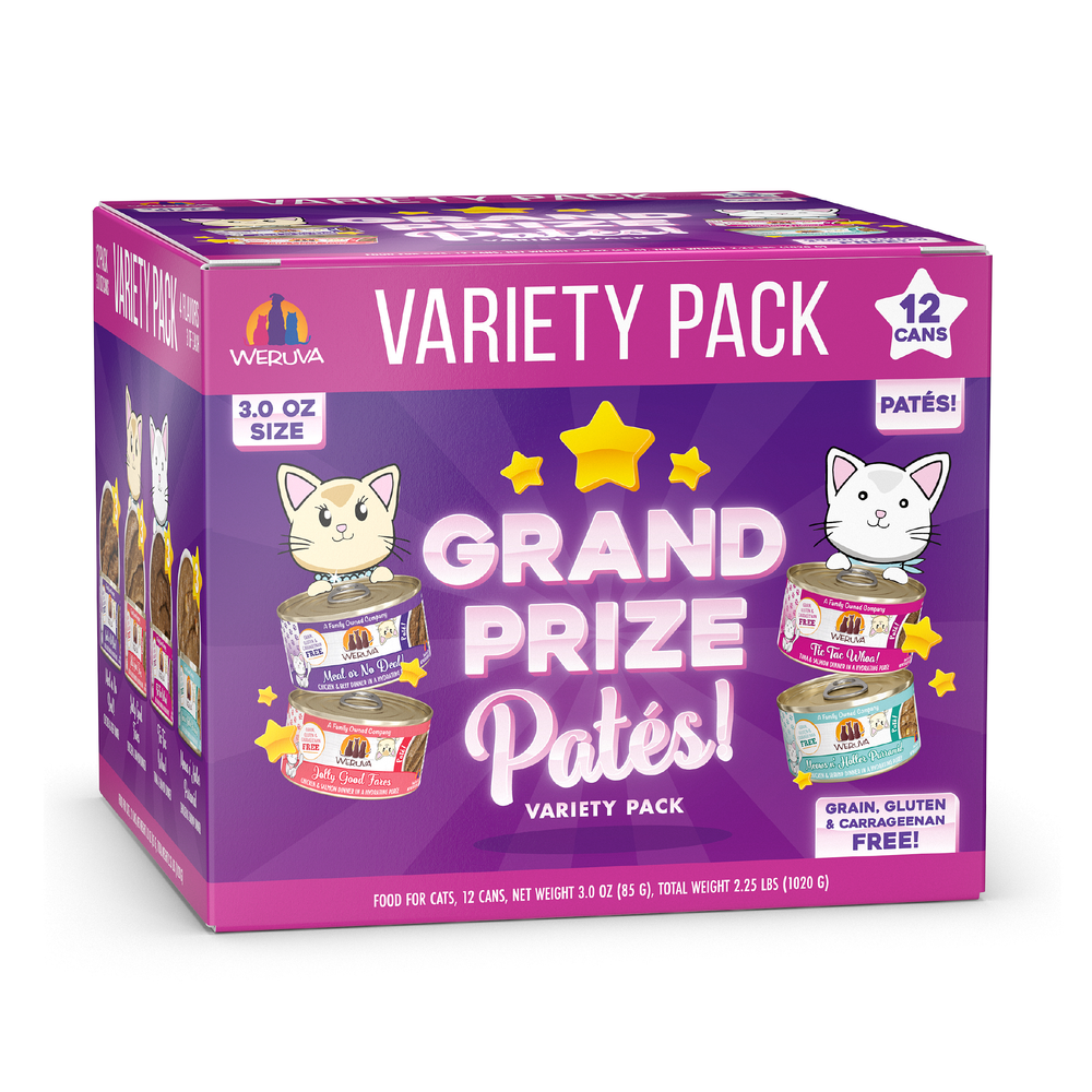 A purple box labeled Grand Prize Patés by Weruva features cartoon cats, stars, and hydrating pâté cans. This 12-can variety pack is grain-free, gluten-free, and carrageenan-free.