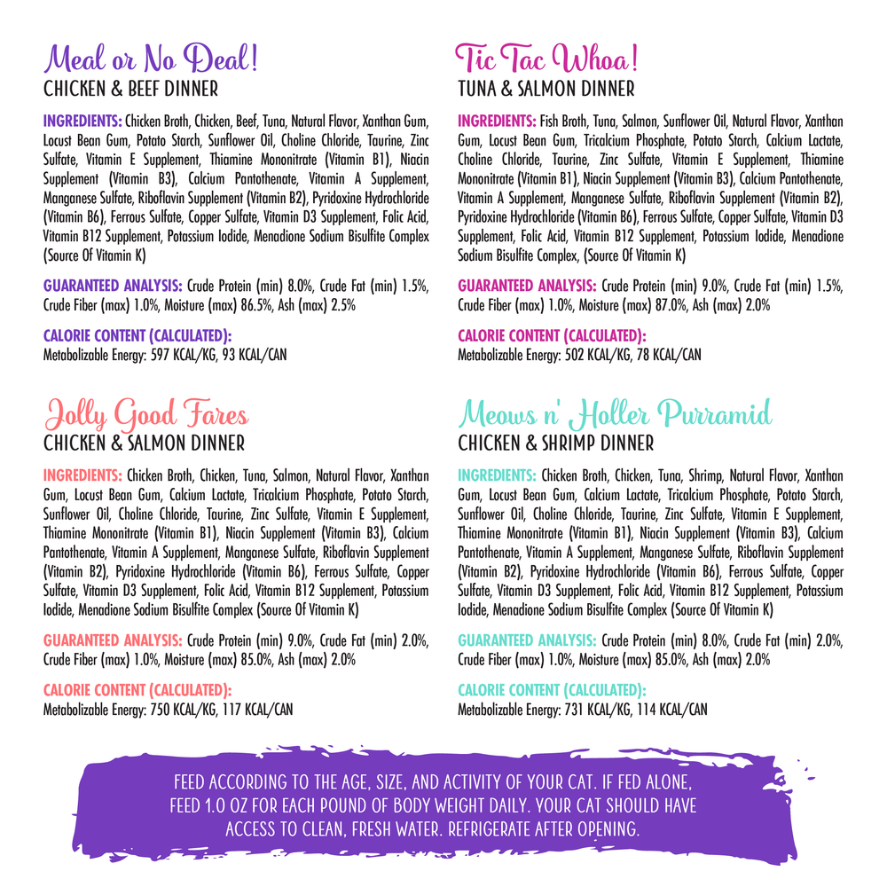 A vibrant menu highlights Weruva Grand Prize Patés, featuring wild-caught tuna and hydrating recipes.