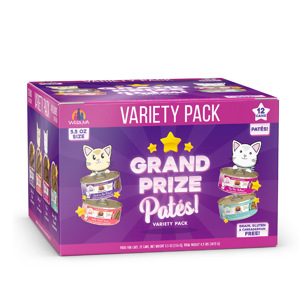 Weruva Grand Prize Patés Variety Pack features 12 cans of hydrating patés with cage-free chicken and wild-caught tuna, in a purple box with cartoon cats and stars. Grain, gluten, and carrageenan free.