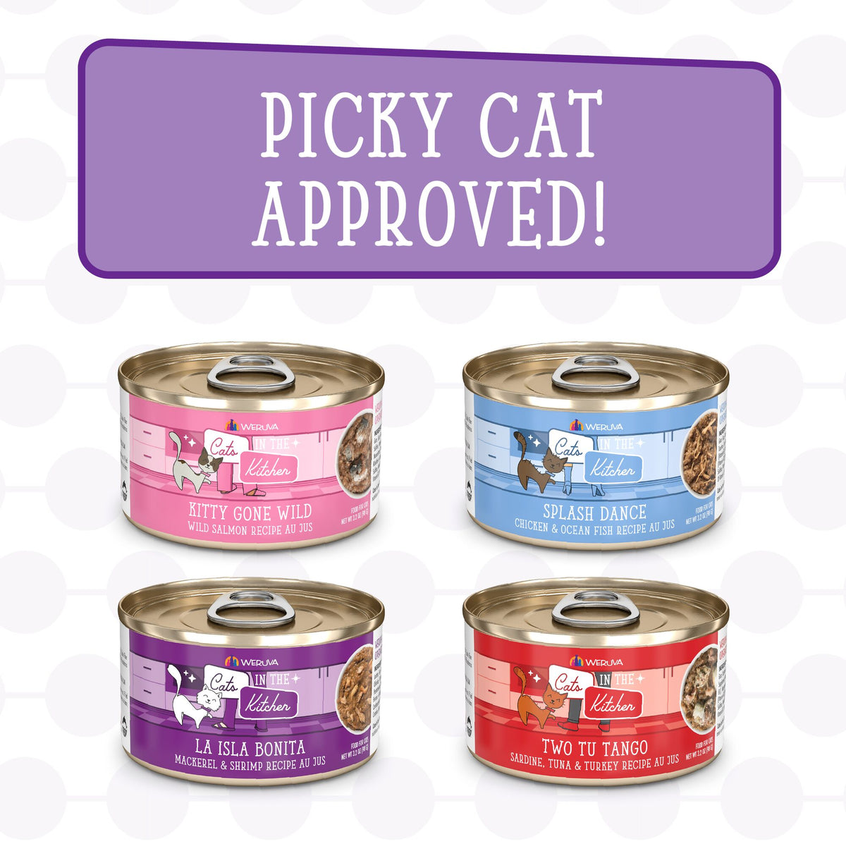 Four cans of Weruva’s Lotta Good Lotta Yum cat food in assorted flavors are arranged in a grid, showcasing a vibrant variety pack. Above them, text reads Picky Cat Approved! Each can features bright colors and playful label designs, highlighting this premium protein cat food selection that’s sure to delight even the fussiest felines.