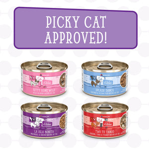 Four cans of Weruva’s Lotta Good Lotta Yum cat food in assorted flavors are arranged in a grid, showcasing a vibrant variety pack. Above them, text reads Picky Cat Approved! Each can features bright colors and playful label designs, highlighting this premium protein cat food selection that’s sure to delight even the fussiest felines.
