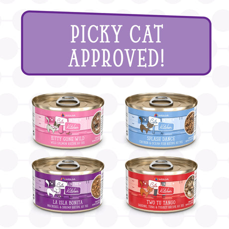Four cans of Weruva’s Lotta Good Lotta Yum cat food in assorted flavors are arranged in a grid, showcasing a vibrant variety pack. Above them, text reads Picky Cat Approved! Each can features bright colors and playful label designs, highlighting this premium protein cat food selection that’s sure to delight even the fussiest felines.