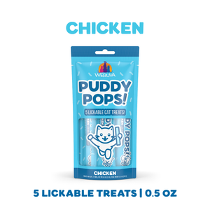 A blue bag of Weruva Lickable Chicken Cat Treat features an illustrated happy cat and is labeled 5 lickable treats | 0.5 oz.