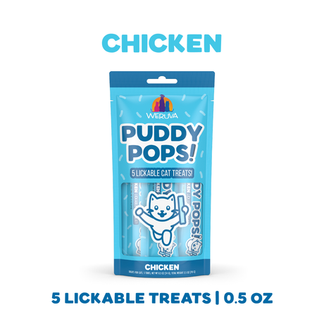 A blue bag of Weruva Lickable Chicken Cat Treat features an illustrated happy cat and is labeled 5 lickable treats | 0.5 oz.