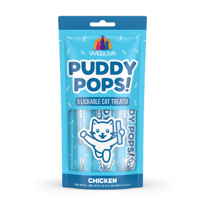 A blue pouch of Weruva Lickable Chicken Cat Treat features a happy cat illustration and "5 Lickable Cat Treats!" with the chicken flavor highlighted at the bottom.