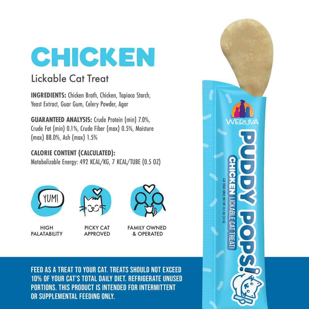 Weruva Lickable Chicken Cat Treat offers hydratable goodness for cats. The package showcases the treat, key ingredients, nutrition info, and icons highlighting tastiness and picky cat approval—proudly from a family-owned brand.