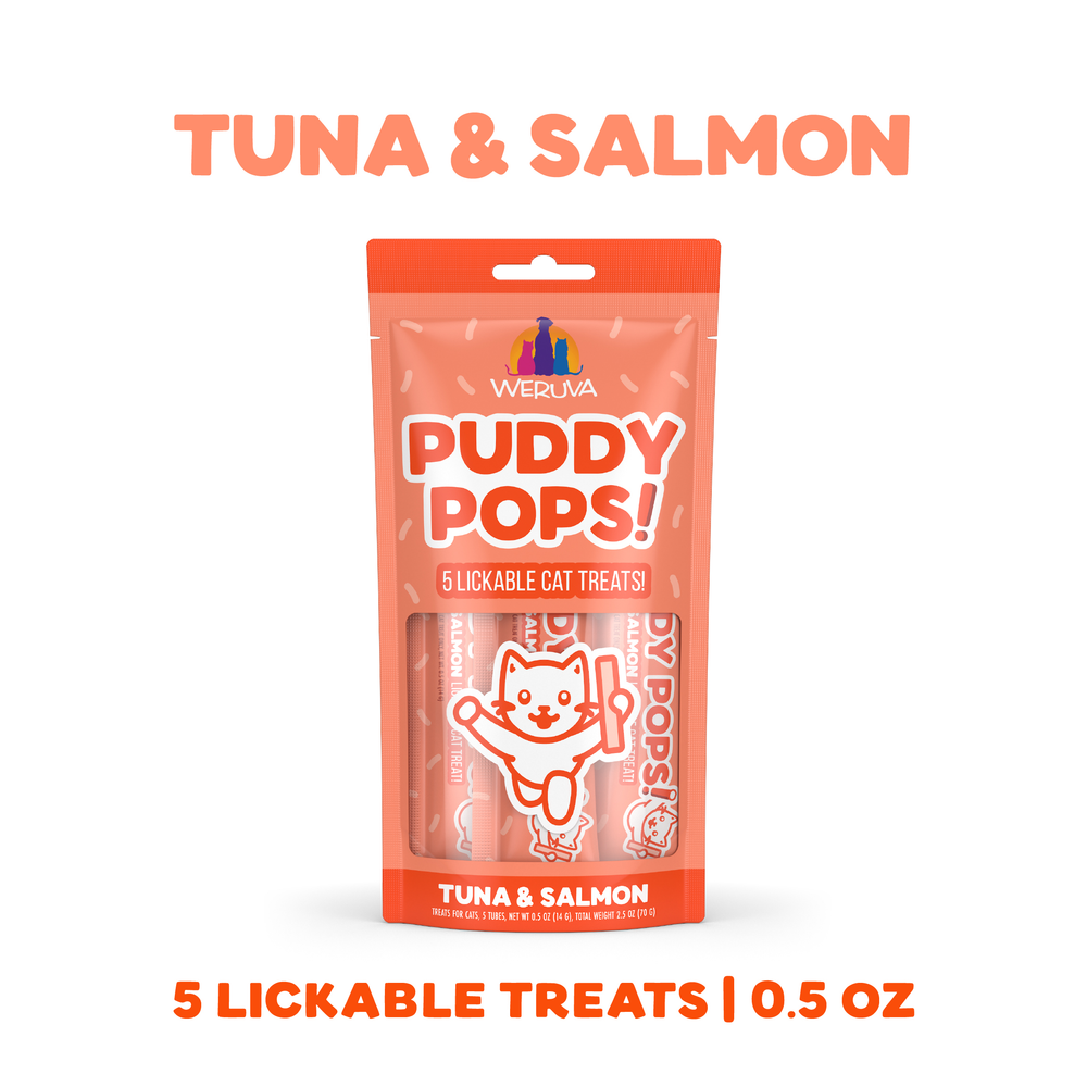 Weruva Lickable Tuna & Salmon Cat Treat comes in an orange pack with a cartoon cat. Contains 5 hydrating, lickable treats (0.5 oz) for your feline—delicious and perfect for rewarding or hydrating your cat.