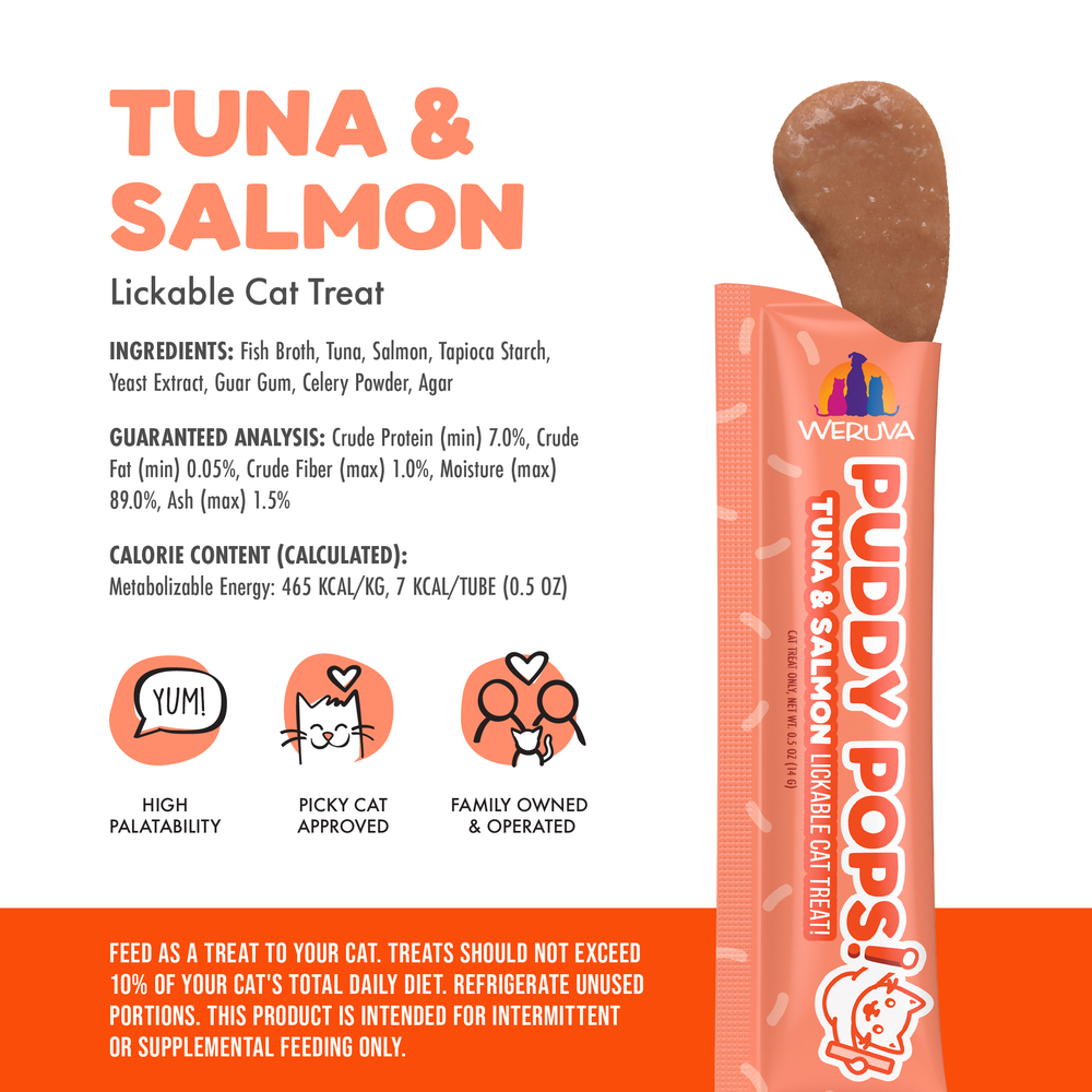 A salmon-colored tube labeled Weruva Lickable Tuna & Salmon Cat Treat is shown, featuring icons for high palatability, cat approval, family ownership, and hydrating feeding instructions.