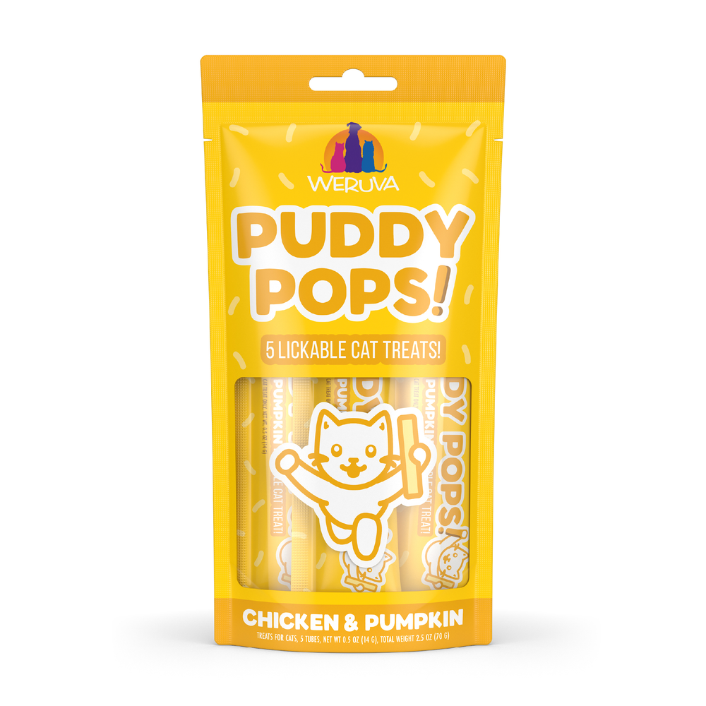 A yellow pouch of Weruva Lickable Chicken & Pumpkin Cat Treat, featuring a happy cat and playful white and orange text, labeled “5 lickable cat treats!” in chicken & pumpkin flavor.