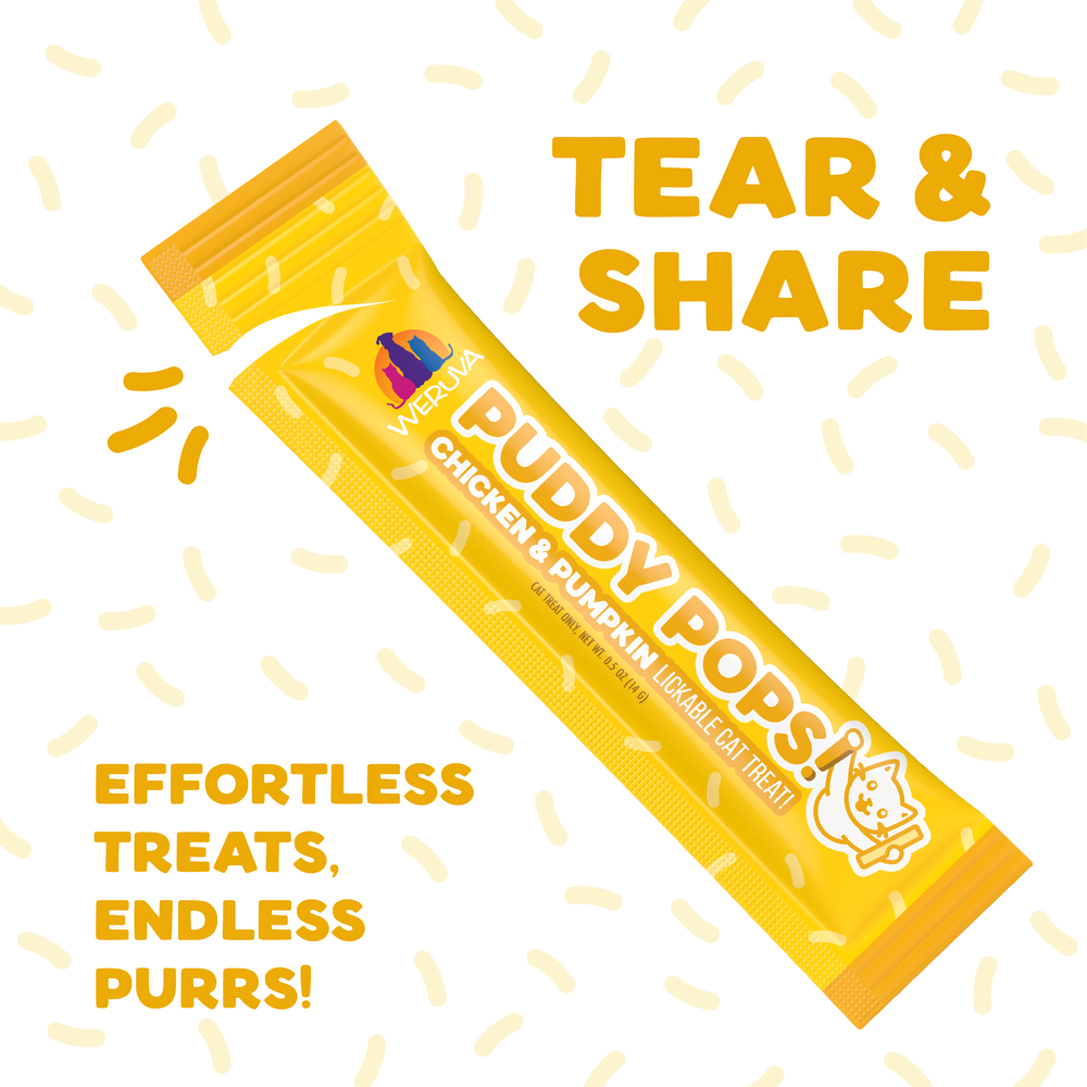 A vibrant yellow Weruva Lickable Chicken & Pumpkin Cat Treat packet features "Tear & Share" and "Effortless treats, endless purrs!" on a sprinkle background—your cat's hydrating treat for happy, healthy kitties.