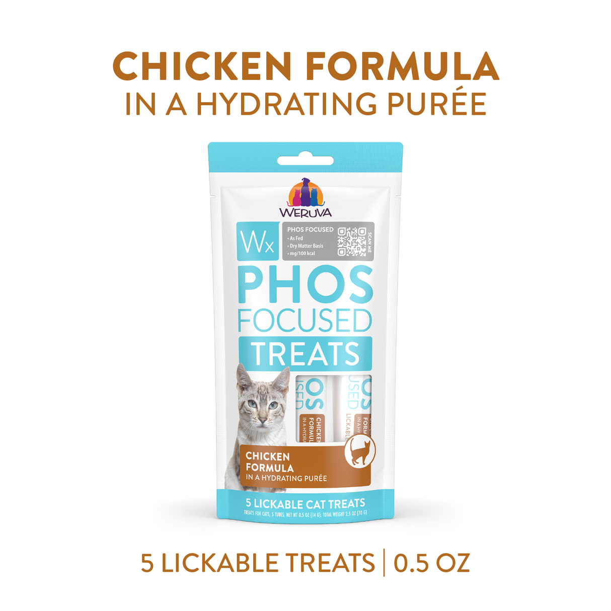 Weruva Wx Lickable Chicken Cat Treat offers 5 hydrating, lower phosphorus pureé treats (0.5 oz each) per pack for cats, made with high-quality proteins.