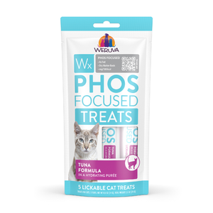 A pack of Weruva Wx Lickable Tuna Formula Cat Treats, featuring a cat image, PHOS FOCUSED TREATS label, and 5 treats in blue and purple packaging.