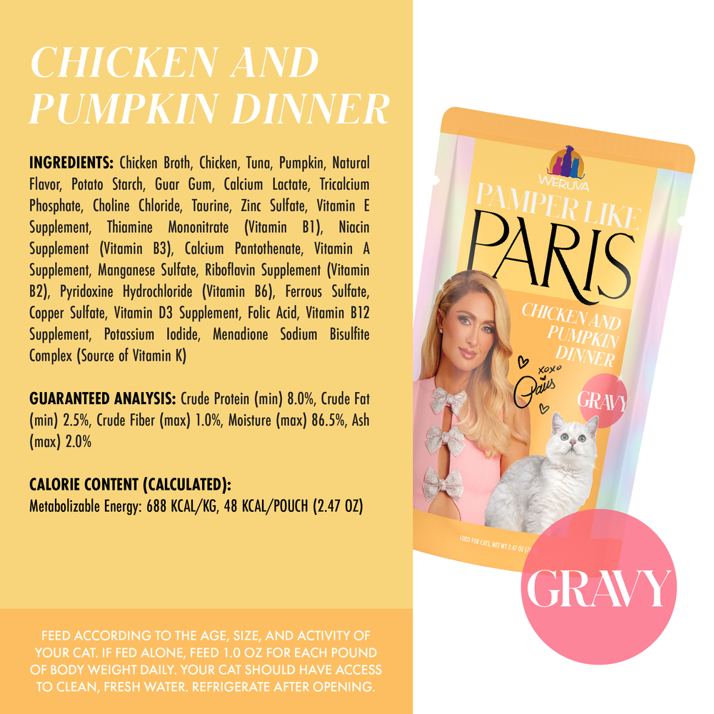 Weruva’s Chicken and Pumpkin Dinner in Gravy pouch highlights cage-free chicken, includes ingredients, nutrition facts, and feeding guidelines. The label has a cartoon cat, with a pink circle emphasizing this gravy cat food.