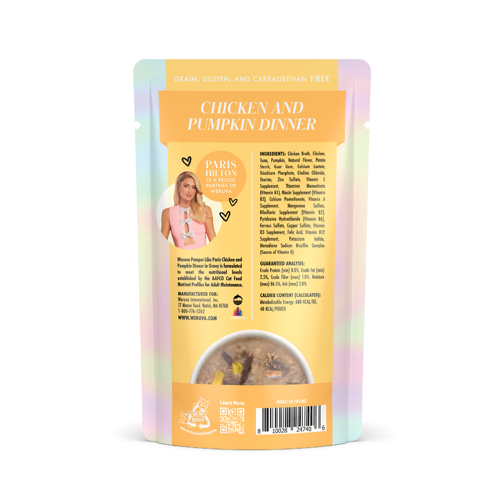 Back of pastel packaging for Weruva Chicken and Pumpkin Dinner in Gravy pet food, showing ingredients, cage-free chicken label, branding, barcode, a photo of Paris Hilton, and a small window revealing the pumpkin cat food inside.