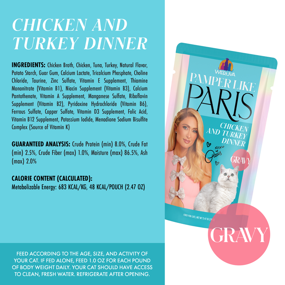 A Weruva Chicken and Turkey Dinner in Gravy pet food label shows cage-free chicken and turkey, nutrition info, a woman with a small white dog, pampered cats, and “GRAVY” in a pink circle on a blue background.