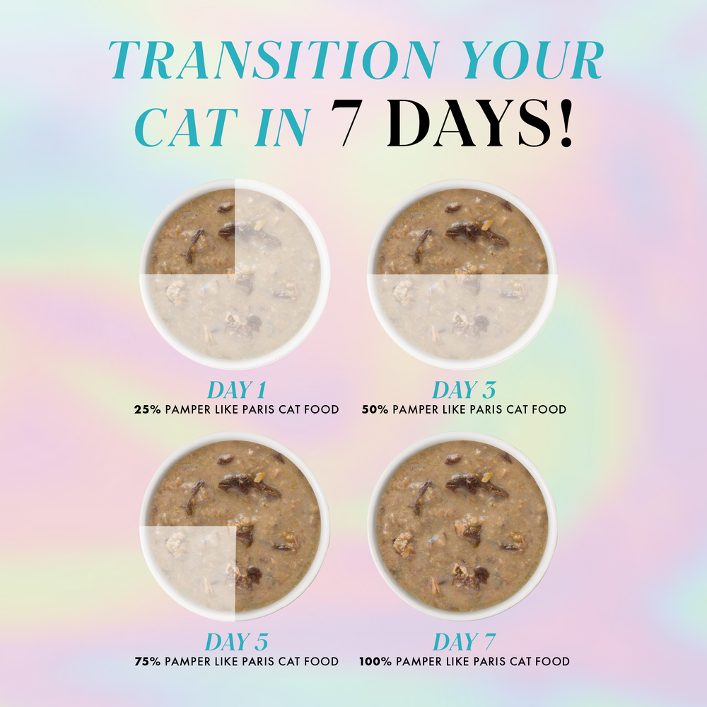 Four bowls show the gradual switch from old cat food to Weruva Chicken and Turkey Dinner in Gravy over 7 days, with increasing portions: 25% on day 1, 50% on day 3, 75% on day 5, and fully by day 7 for your pampered cats.