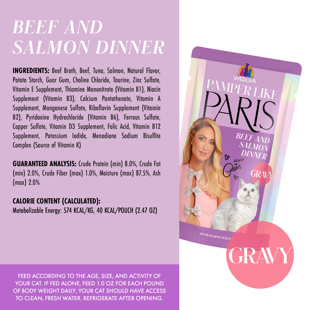 A purple and white Weruva package featuring a woman and her cat, perfect for showcasing their premium Beef and Salmon Dinner in Gravy cat food.