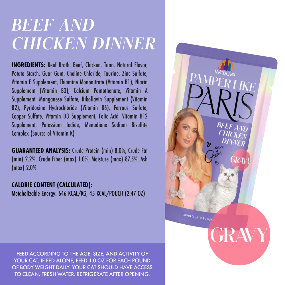 A purple and white Weruva package featuring a woman and a cat, highlighting delicious Beef and Chicken Dinner in Gravy cat food.