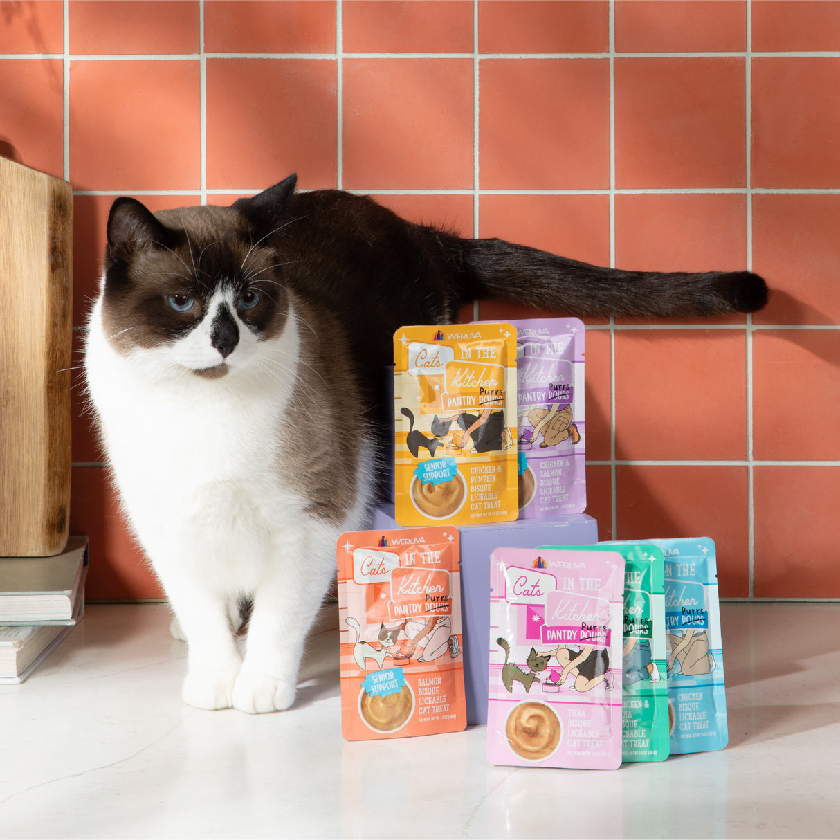 A black and white cat stands next to four colorful packets of Cats in the Kitchen Chicken & Salmon Bisque with Senior Support, displayed on a white surface in front of a coral-tiled wall.