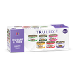 A rectangular box of TruLuxe TruSurf & Turf premium cat food, featuring six colorful cans. The white box with purple accents showcases a variety of wild-caught seafood recipes for your cat to enjoy.