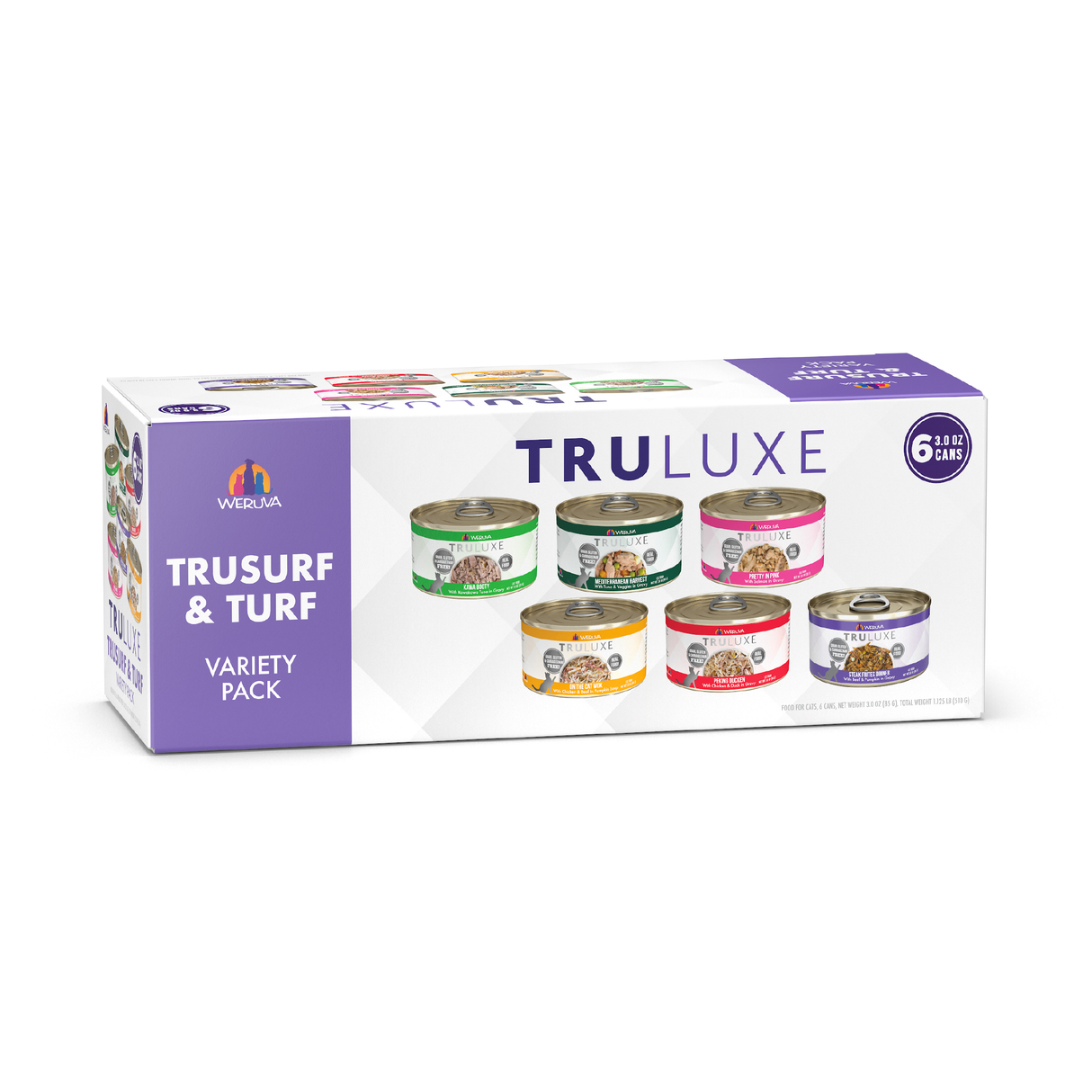 A rectangular box of TruLuxe TruSurf & Turf premium cat food, featuring six colorful cans. The white box with purple accents showcases a variety of wild-caught seafood recipes for your cat to enjoy.