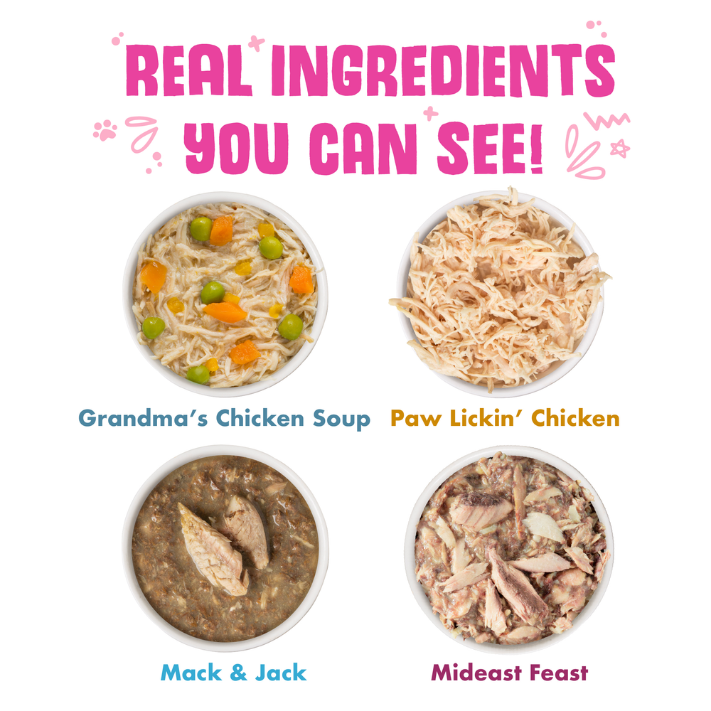Four bowls of Weruva Classic Combo pet food, each showing visible pieces of meat and vegetables. Text above reads “Real ingredients you can see!”.