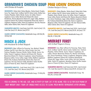 Four colorful pet food labels for Weruva’s Classic Combo display ingredients, guaranteed analysis, and feeding instructions. Each label includes a detailed ingredient list and nutritional information.