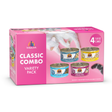 A Weruva Classic Combo Variety Pack box in pink showcases four 3 oz cat food cans with assorted flavors, a cat’s paw at the top, and a "4 cans" label on the right.
