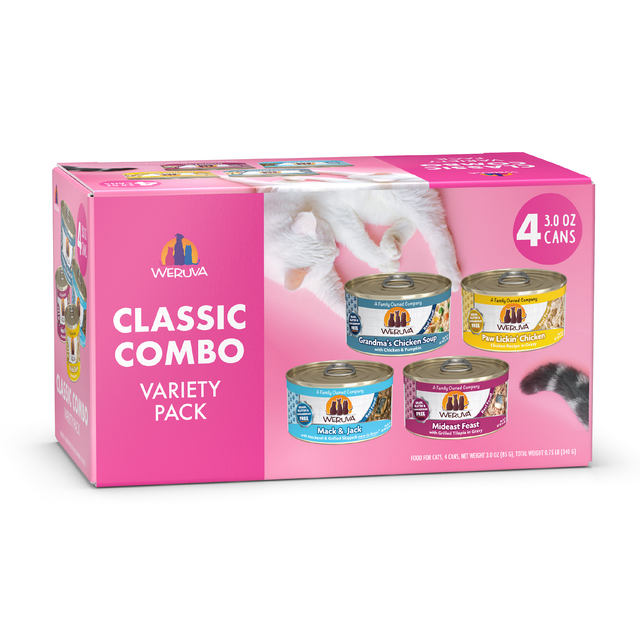 A Weruva Classic Combo Variety Pack box in pink showcases four 3 oz cat food cans with assorted flavors, a cat’s paw at the top, and a "4 cans" label on the right.