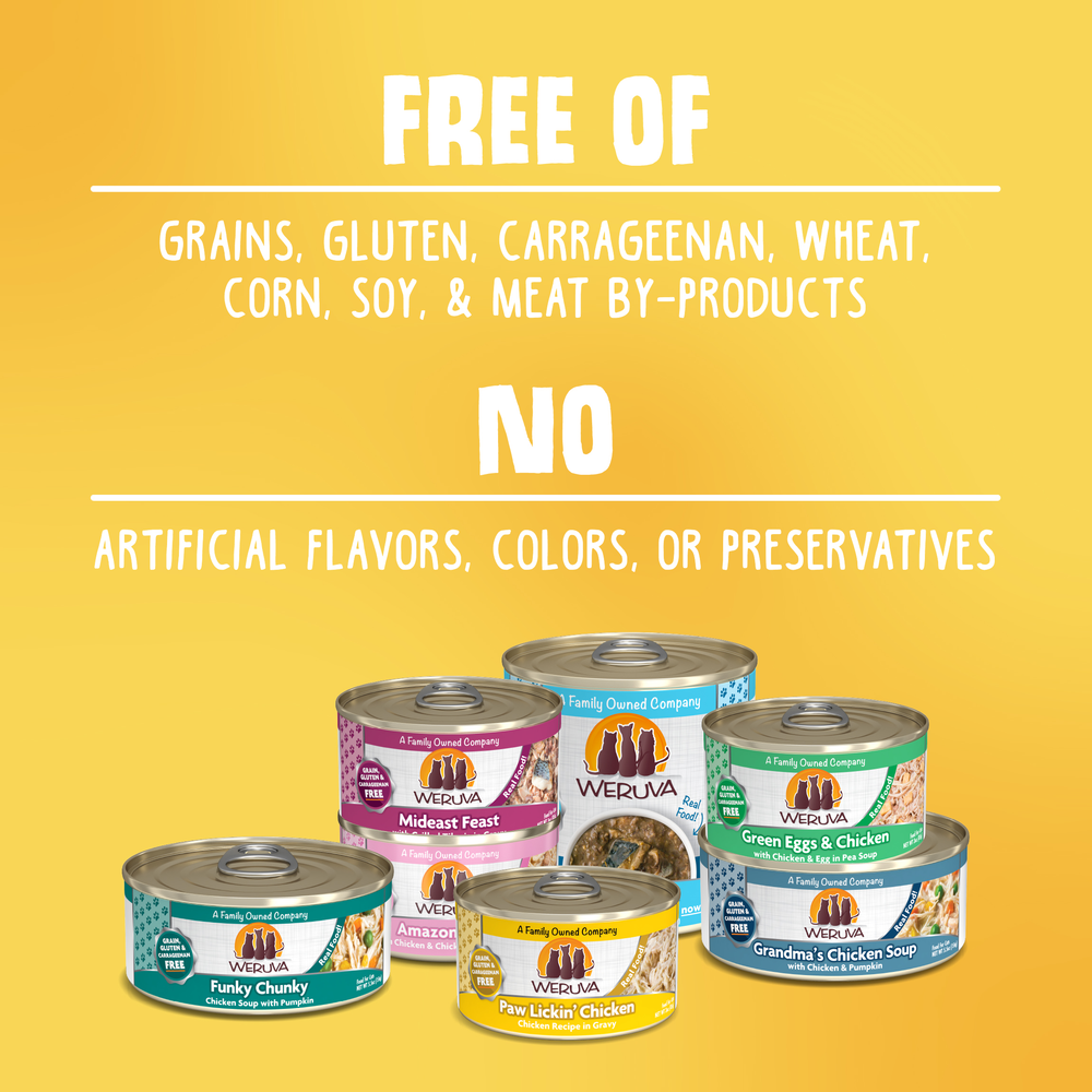 Cans of Weruva Classic Combo cat food are shown on a yellow background, highlighting that the food contains no grains, gluten, carrageenan, wheat, corn, soy, meat by-products, or artificial flavors, colors, or preservatives.