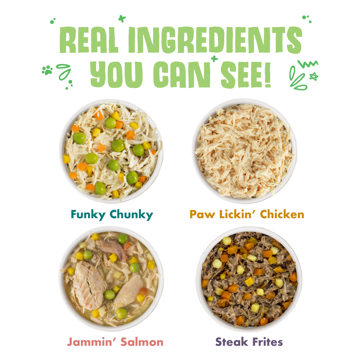 Weruva’s Four Feast Clover includes four bowls with real, visible ingredients: boneless chicken, wild-caught salmon, and grass-fed steak dog food.