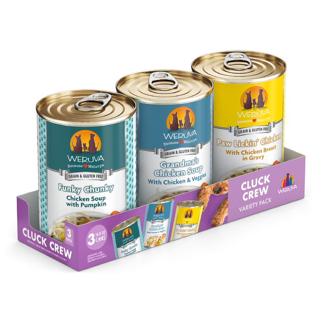 Weruva Cluck Crew Variety Pack includes three canned cat foods—Funky Chunky, Grandma’s Chicken Soup, and Paw Lickin’ Chicken. Each flavor features real meat for high protein; cans have turquoise, blue, and yellow labels.
