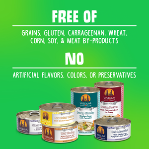 Weruva Cluck Crew real meat dog food cans are shown on a green background, highlighting that they're free from grains, gluten, carrageenan, wheat, corn, soy, meat by-products, and artificial flavors, colors, or preservatives.