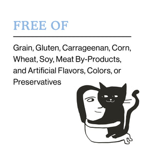 Next to an illustration of a person holding a black cat, text reads: Cat Person Chicken Savory Crunchies—free of grain, gluten, carrageenan, corn, wheat, soy, meat by-products, and artificial flavors or preservatives. Perfect low calorie treats for cats.