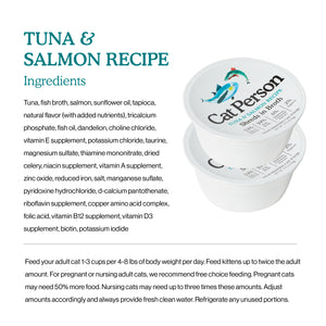 Image of Cat Person Tuna & Salmon Shreds in Broth, a protein-rich cat food container, showing the ingredient list and feeding instructions for adult, pregnant, and nursing cats against a white background.