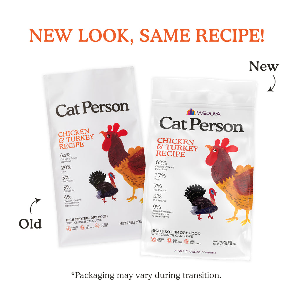 Two bags of Cat Person Chicken & Turkey Dry Food are shown side by side, labeled Old and New. Both display chicken and turkey images, with the new bag featuring an updated design.