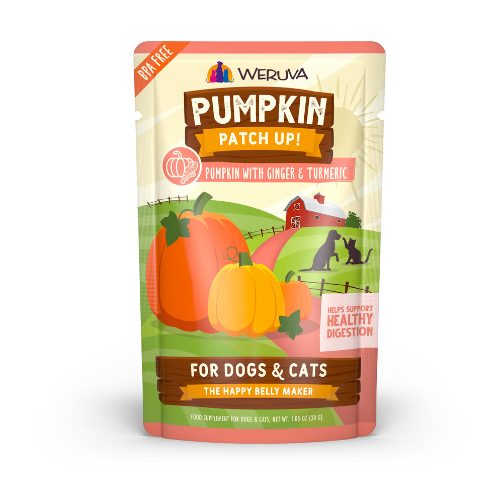Weruva Pumpkin with Ginger & Turmeric pet food pouch, featuring a barn and pet silhouettes, supports healthy digestion for dogs & cats and is grain free.