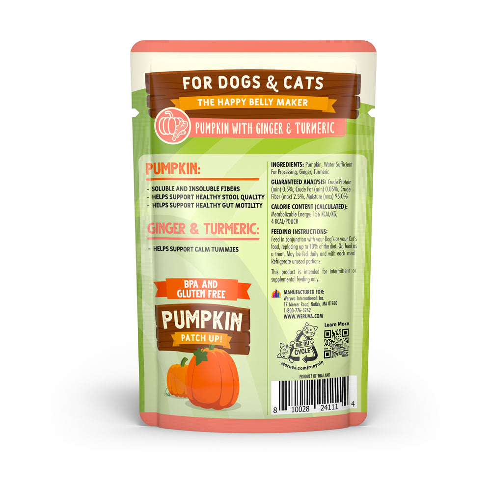 The back of the Weruva Pumpkin with Ginger & Turmeric pouch for dogs & cats highlights digestive support from pumpkin, ginger, and turmeric, lists ingredients and nutrition info, and features pumpkin illustrations at the bottom.