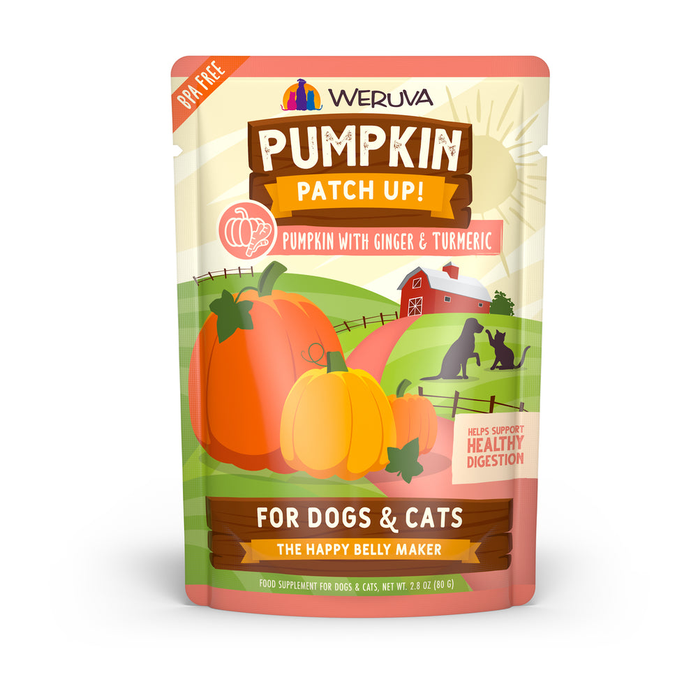 A Weruva Pumpkin with Ginger & Turmeric supplement pouch for dogs and cats, featuring colorful pumpkins, pets, and a barn. The package highlights digestive support from pumpkin, ginger, and turmeric.