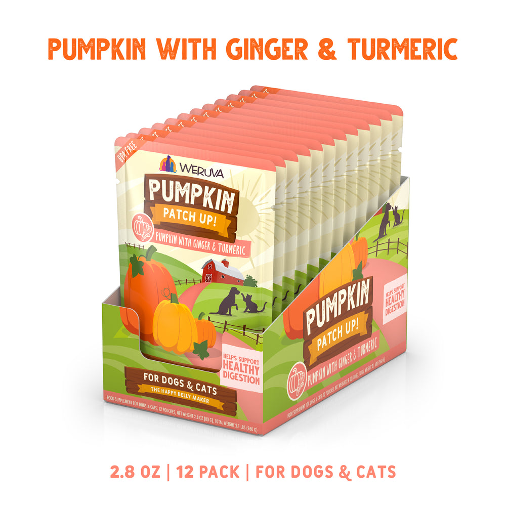 Display box of Weruva Pumpkin with Ginger & Turmeric for dogs and cats. Contains 12 pouches with colorful farm-themed packaging, highlighting pumpkin-powered digestive support on the label.