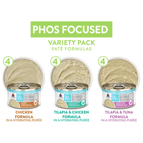 Three open cans of Weruva Wx Phos Focused Paté Formulas, each topped with a pale paté labeled as chicken, tilapia and chicken, or tilapia and tuna.