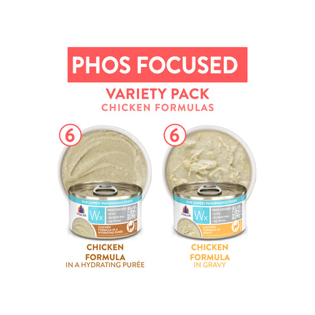 Two cans of Weruva Wx Phos Focused Chicken Formulas, one featuring chicken in a hydrating purée and the other in gravy, each shown with a bowl of the food above it and the number six in a circle.