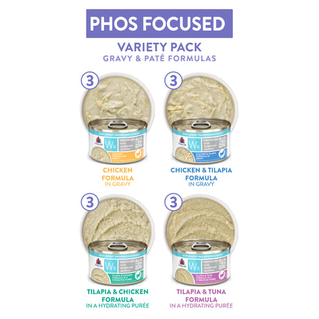Four open cans of Weruva Wx Phos Focused Gravy & Paté Formulas in Chicken, Chicken & Tilapia, Tilapia & Chicken, and Tilapia & Tuna varieties, providing low phosphorus nutrition.
