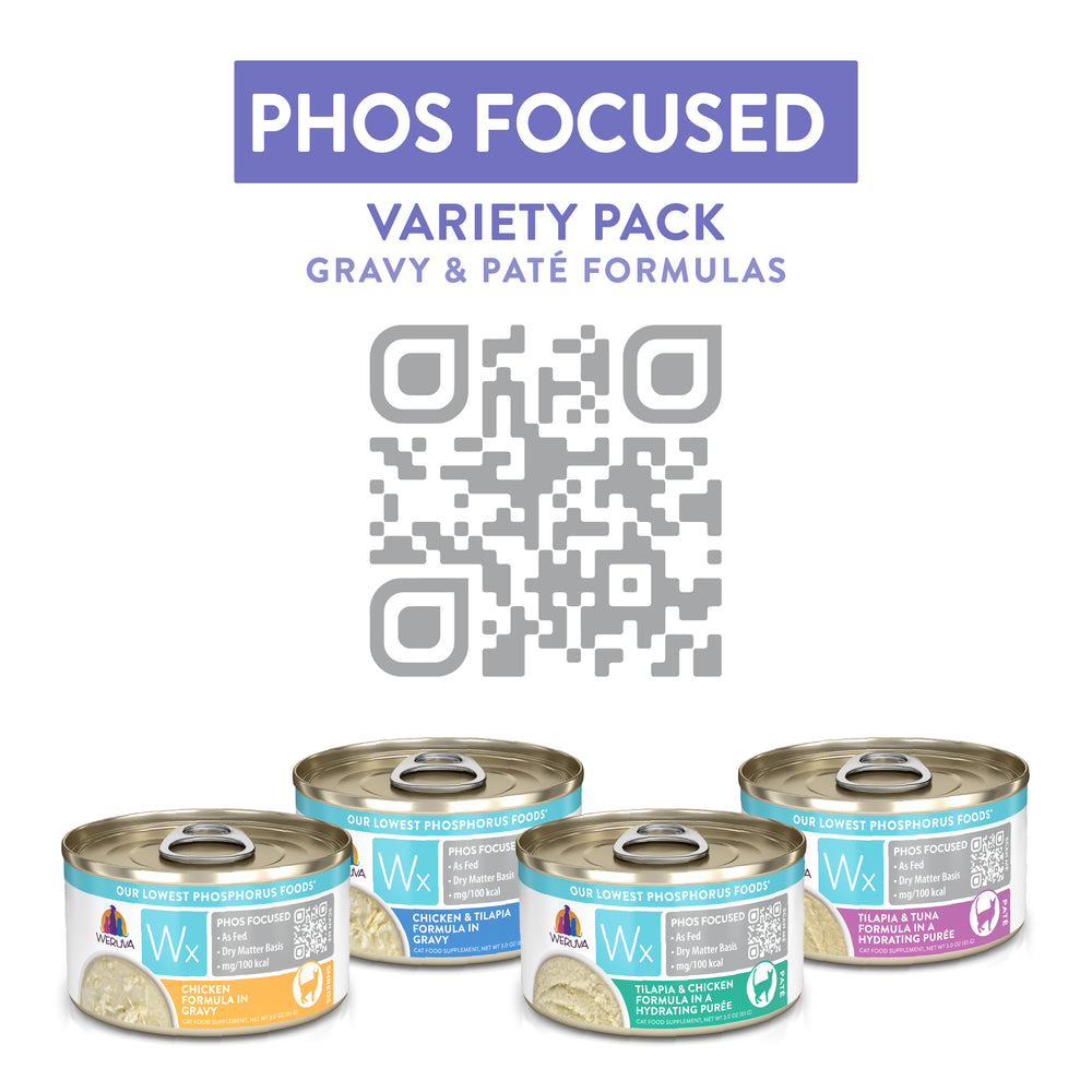 Four cans of Weruva Wx Phos Focused "Phos Focused Gravy & Paté Formulas" low phosphorus cat food are shown below a QR code. Each can features a distinct flavor, colored label, and supplies vital nutrition for cats.