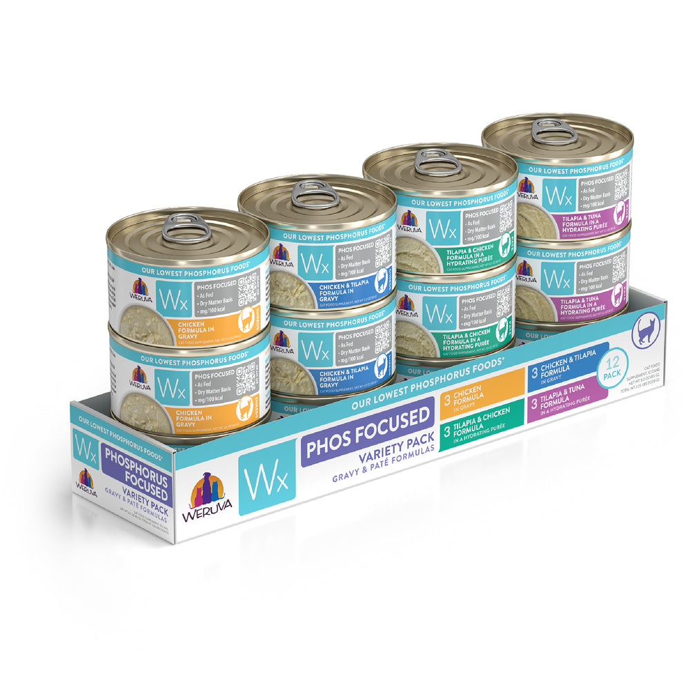 The Weruva Wx Phos Focused Gravy & Paté Formulas 12-pack offers three low phosphorus wet cat food flavors with colorful labels, providing essential nutrition for cats in a convenient tray.