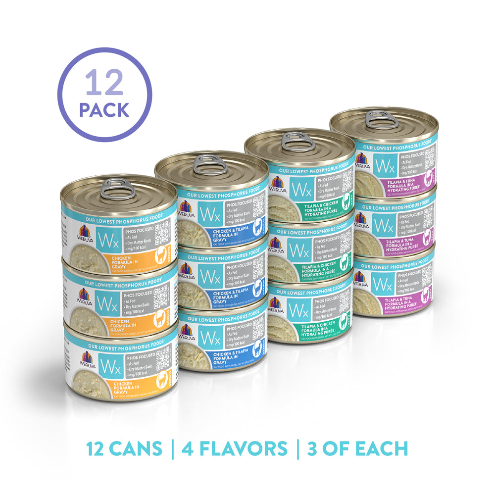 Weruva Wx Phos Focused Gravy & Paté Formulas 12-pack provides essential cat nutrition with 4 flavors, each in orange, blue, green, and purple labels. Pack includes 12 cans: 4 flavors, 3 of each.