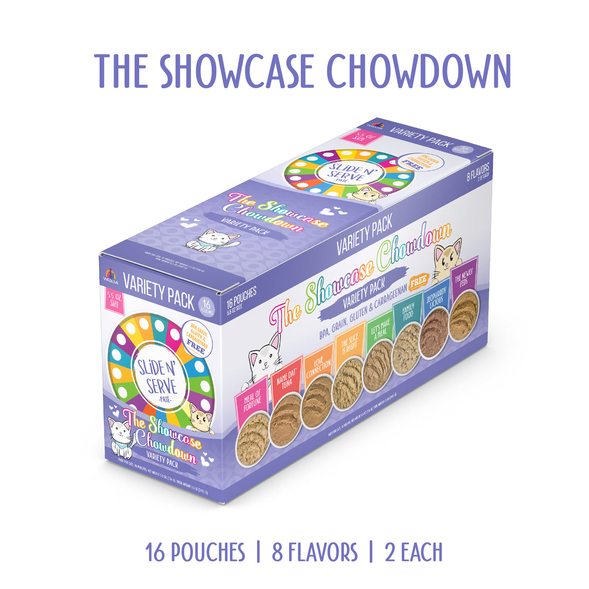 Weruva’s The Showcase Chowdown box includes 16 Slide N' Serve pouches in 8 flavors. The vibrant packaging shows a cat, flavor images, and highlights cage-free chicken and sustainably sourced fish in this student-serve variety pack.