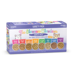 Weruva’s The Showcase Chowdown is a blue box variety pack with 16 Slide N' Serve pouches in 8 flavors, featuring cage-free chicken and sustainable fish. Packaging displays cats, flavor names, and windows to view food texture.