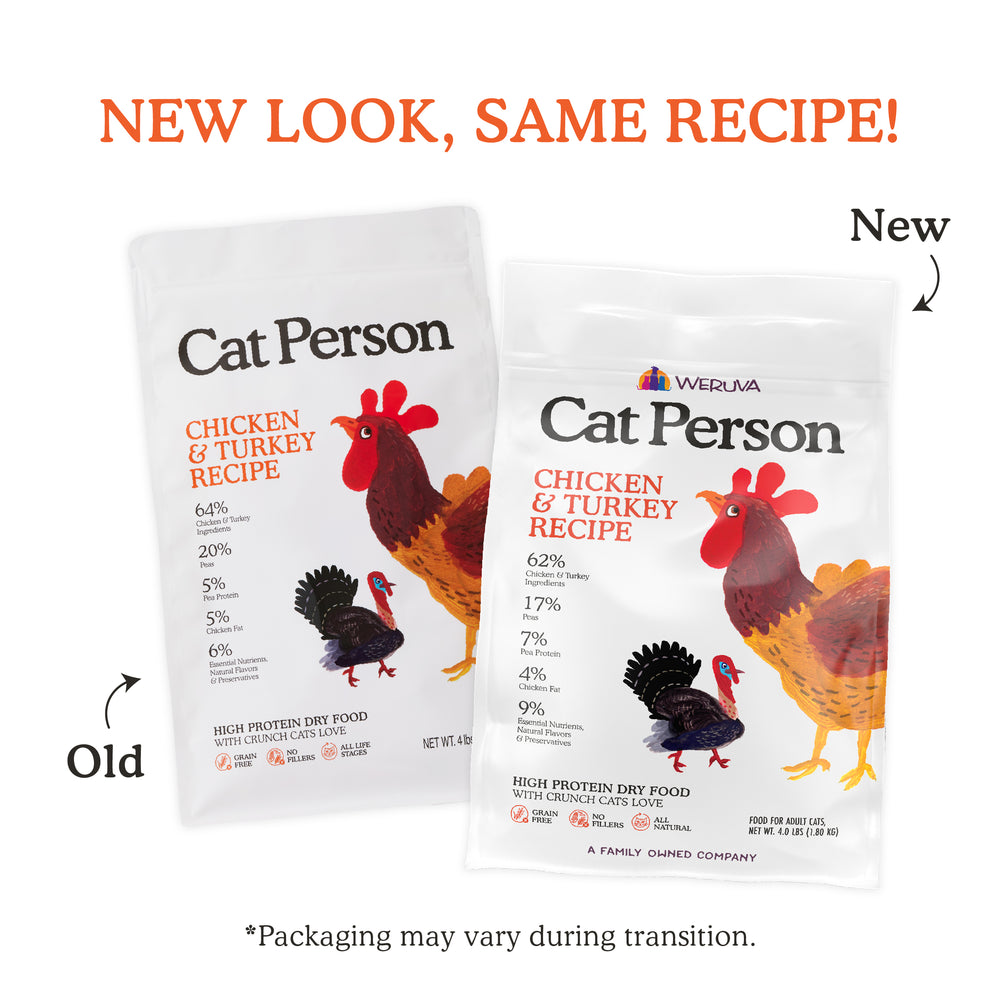 Side-by-side comparison of old and new Cat Person Chicken & Turkey Dry Food packaging, each with a cartoon chicken. The refreshed look emphasizes this high protein, grain-free recipe—Cat Person’s Chicken & Turkey Dry Food is still unchanged inside.