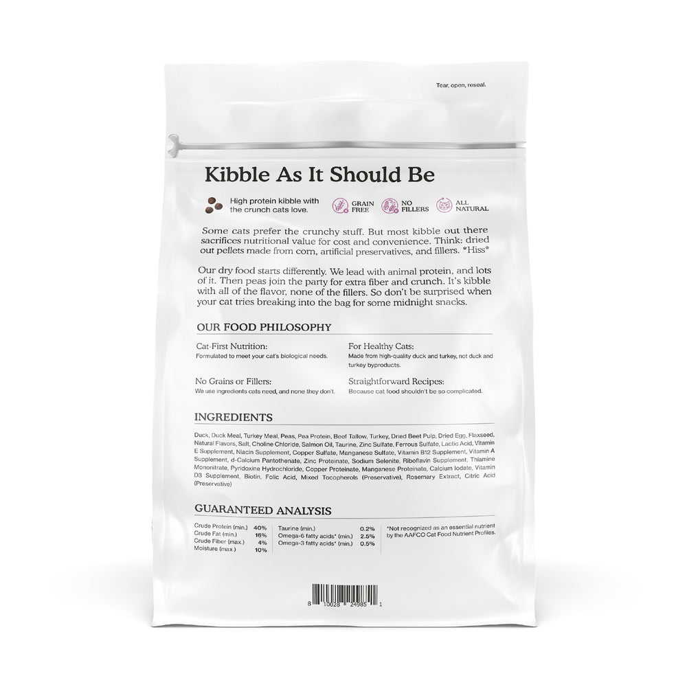 Back of a white Cat Person Duck & Turkey Dry Food bag labeled "Kibble As It Should Be," showcasing high protein, no fillers, and all-natural benefits. Text includes nutrition info, healthy ingredients list, and a guaranteed analysis chart.